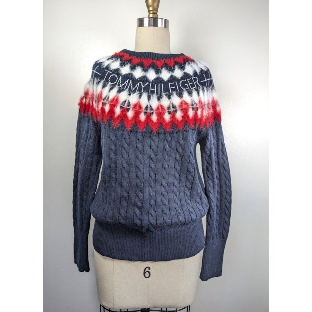 Y2K Tommy‎ Hilfiger Sweater Small Petite Cable Knit Fair Isle Old Money Preppy